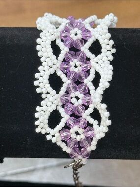Handcrafted White and Purple Beaded Bracelet
